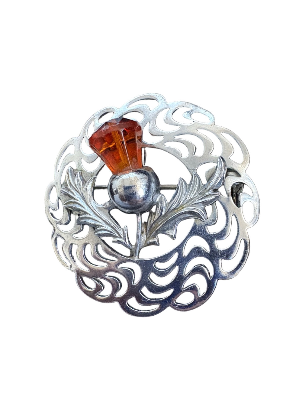 Vintage Mizpah Thistle Brooch with Citrine Glass Crystal . Silver Plated